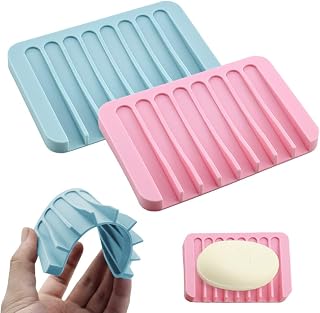 2 Pieces Soap Dish Holder, Keep Soap Dry, Self-Draining Soap Container, Non-Slip Portable Soap Holder for Bathroom, Kitchen, Sink, School, Gym (Pink+Blue)