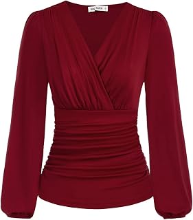 GRACE KARIN Women's Plain Long Sleeve Lantern Cross Neck V Neck Blouse Summer Top with Ruched Waist Top Women Chic and Elegant