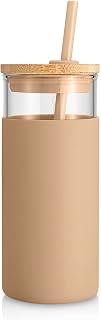 Tronco 20 oz Glass Tumbler with Lids and Straws, Reusable Iced Coffee Cups | Borosilicate Glass Cups with Bamboo Lid, Silicone Sleeve, Dishwasher Safe, Cup Holder Friendly, BPA-Free, Iced Coffee Tumbler