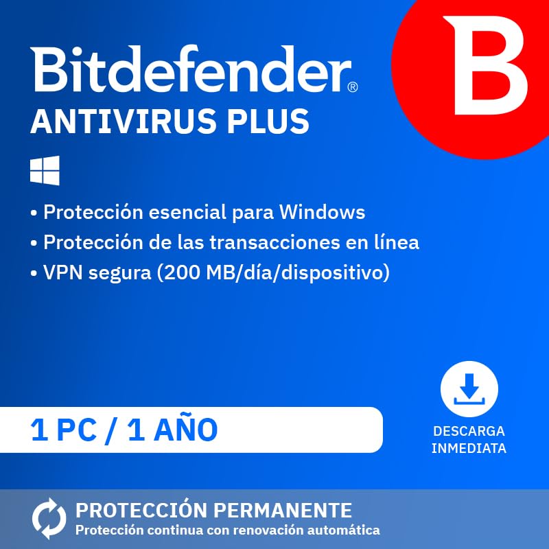 Bitdefender Antivirus Plus 2026| 1 Dispositivo | 1 Año | PC | Código de activaci