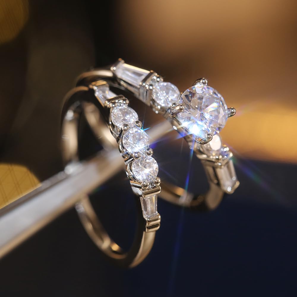 Silver Color Bridal Rings Set of 2 Luxury Engagement Jewelry for Women