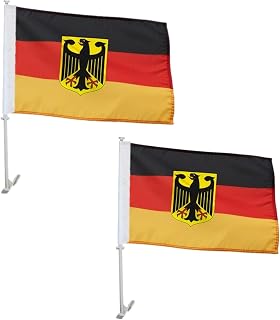 2 Pack German State Ensign Car Flags 11" x 17" with Flagpole Mount,Premium 200D Polyester Germany Eagle Car Flag,19" Flagpole Fixed Window Clip Mount for Most Vehicle Window.
