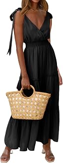 PRETTYGARDEN Women Summer Maxi Dress Cross Neckline Sleeveless Tiered Smocked Long Pleated Dress