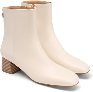 Coutgo Botas de tobillo para mujer, tacón bajo, puntera cuadrada, con cremallera lateral, zapatos de vestir de invierno, Blanco cremoso, 9.5