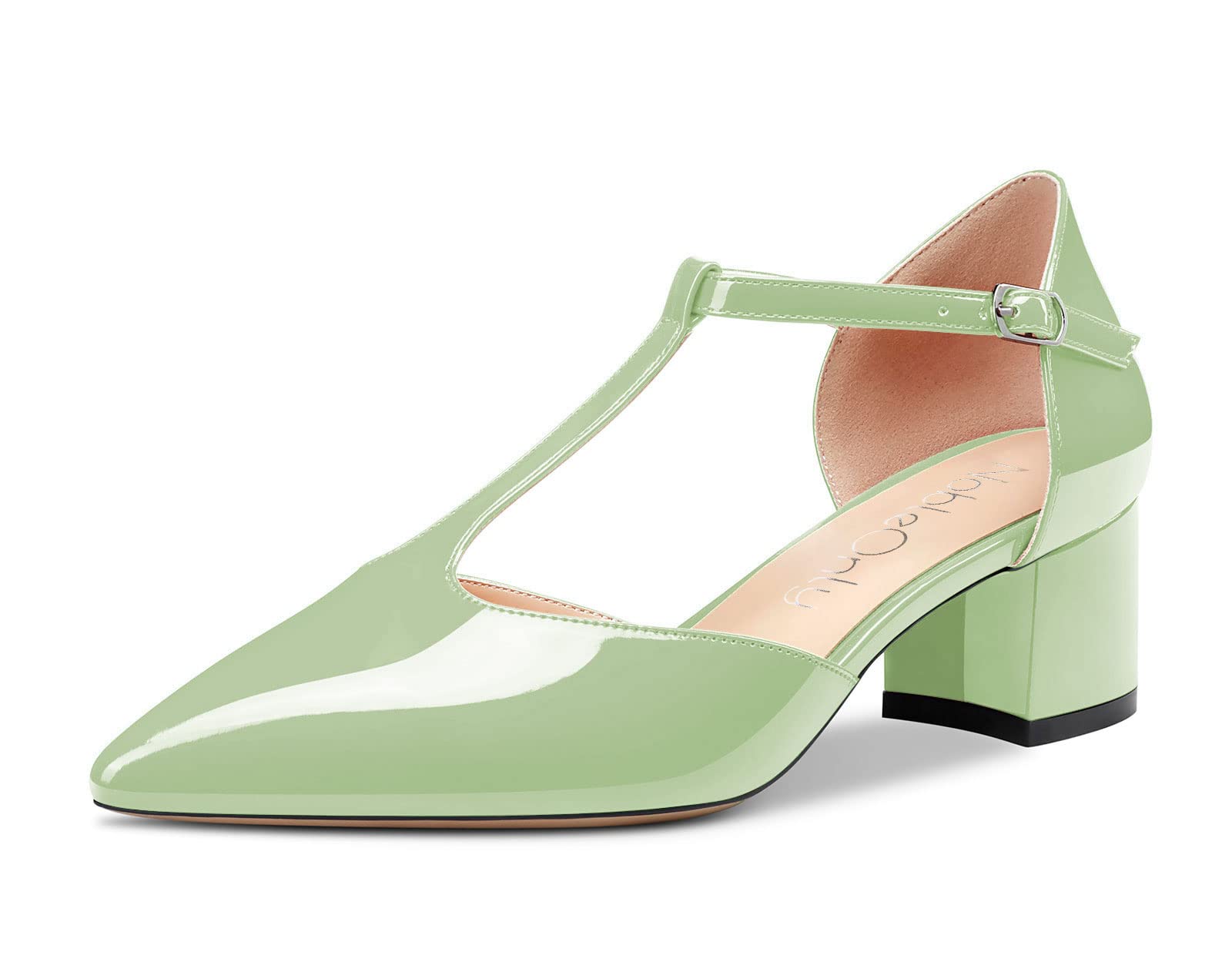 NobleOnly Women Block Chunky Bottom Kitten Heel Heel Closed Pointed Toe T-Strap 