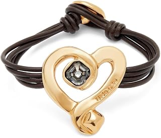 UNO de 50 18K Gold Plated Metal Alloy Heart Leather Bracelet with Black Crystal