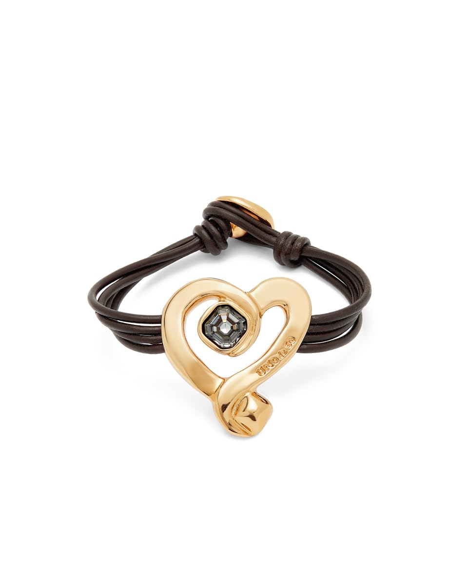 UNO de 50 18K Gold Plated Metal Alloy Heart Leather Bracelet with Black Crystal