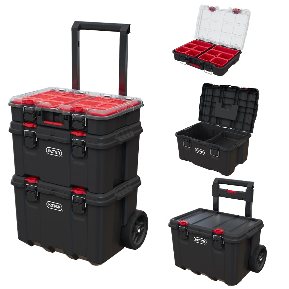 Keter Stack N Rolling Tool Box Modular Storage System 3 Piece | Black and Red, H