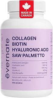 4-in-1 Hair, Skin & Nails Vitamins – Collagen with Saw Palmetto, Biotin & Hyaluronic Acid – DHT Blocker for Thinning Hair, Stronger Nails & Skin Elasticity – 60 Vegan Capsules – Made in Canada