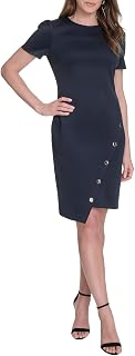 Tommy Hilfiger Women's Short Sleeve Jewel Neck Colorblock Studded Asymmetrical Hem Crepe Mini Dress