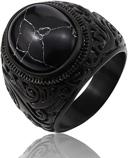Rockyu Men's Ring, Silver, Branded Pattern, Single Stone Onyx Ring, Titanium, Hypoallergenic, Friends, New Year, Graduation, Gift, Accessory