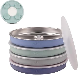 Elk and Friends Kids/Toddler 7.8" Stainless Steel Divided Plate + Lid | 4pk | Suitable for Babies | Silicone Suction Sleeves | Lids Included | Dishwasher Safe | Baby Weaning Supplies