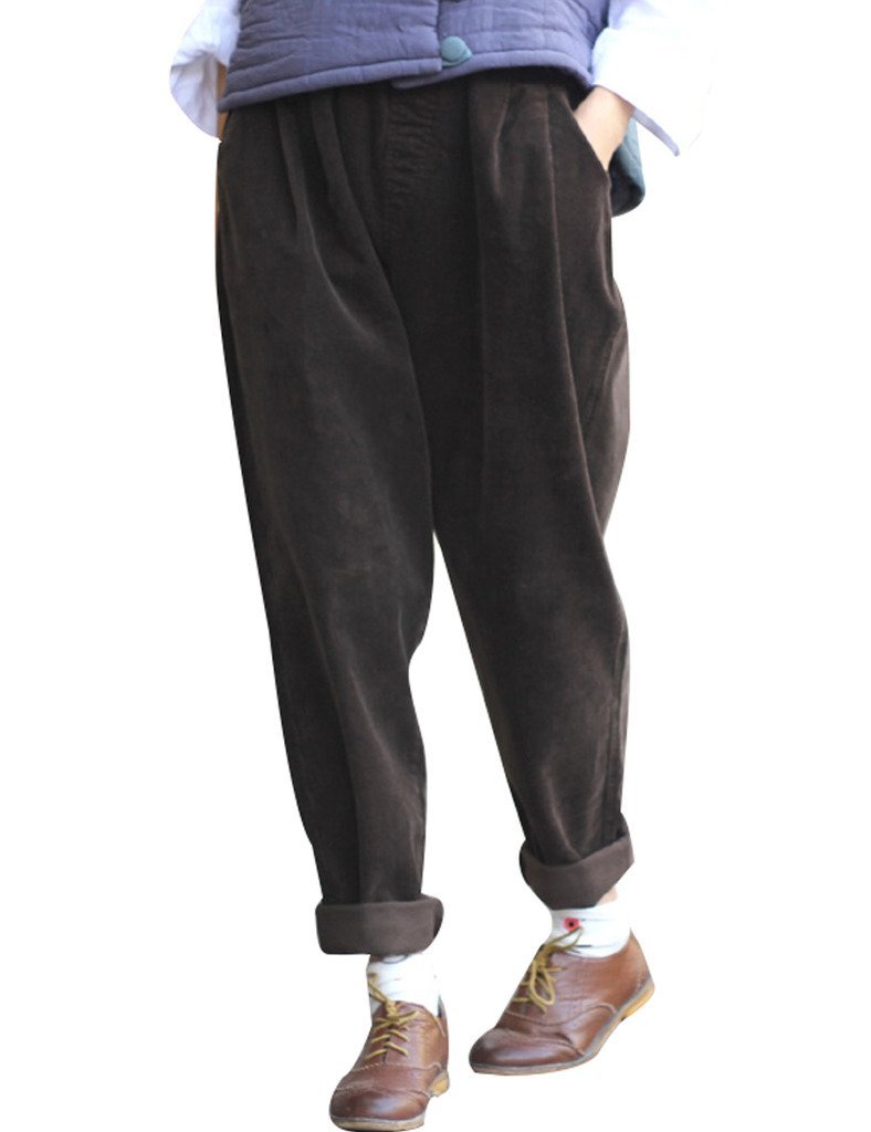 Youlee Women's Elastic Waist Corduroy Trousers with Pockets