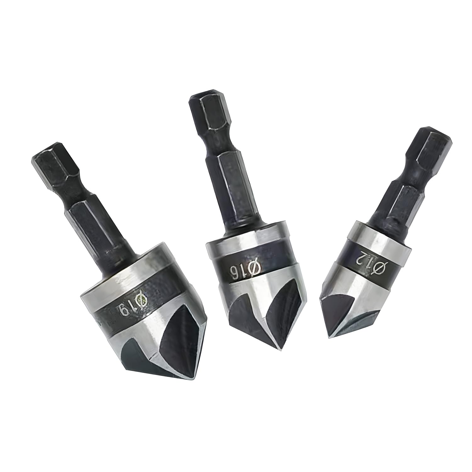 3-Piece Hex Shank Countersink Drill Bit Set for Woodworking - 12mm, 16mm, 19mm S