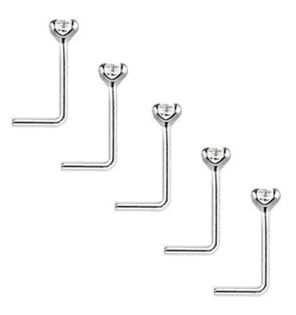 Clear Crystal Nose Studs PACK OF 5 STERLING SILVER Thin 0.6mm Bar L SHAPE