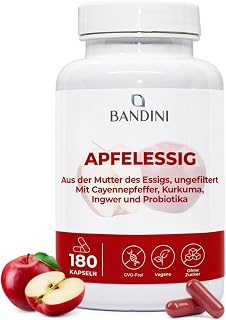 Bandini® Apfelessig Komplex hochdosiert mit 1860mg pro Tagesdosis - 180 vegane Apple Cider Vinegar Kapseln mit Probiotika + Cayennepfeffer, Ingwer & Kurkuma - Ungefiltert, 100% Vegan - 2 Monatsvorrat