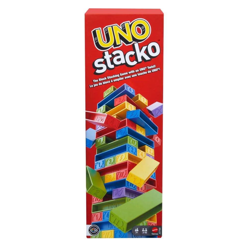 Mattel Games UNO Stacko Game for Kids & Family with 45 Colored Stacking Blocks &