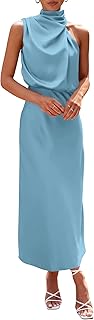 PRETTYGARDEN 2023 Women's Summer Dress Satin Elegant Sleeveless Turtleneck Cocktail Party Dress