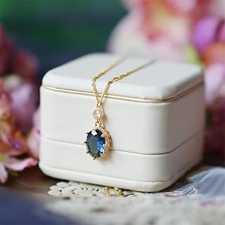 Blue Oval Pendant Necklace for Women Golden Plated Oval Cubic Zirconia Inlaid Elegant Chain Necklace Adjustable Fashion Trendy Dainty Jewelry Gift