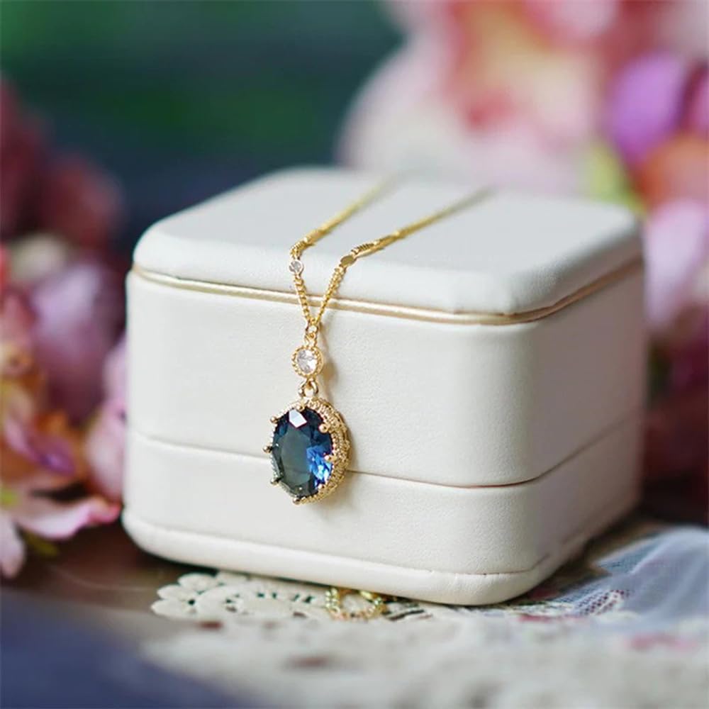 Blue Oval Pendant Necklace for Women Golden Plated Oval Cubic Zirconia Inlaid El