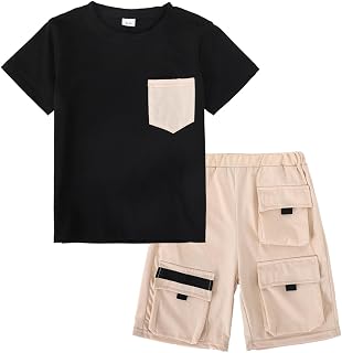 Azmxynol Tween Boys Clothes Daily Casual Short Sleeve Top + Cargo Shorts 2 Pieces Outfit Set, Size 6-14 Years