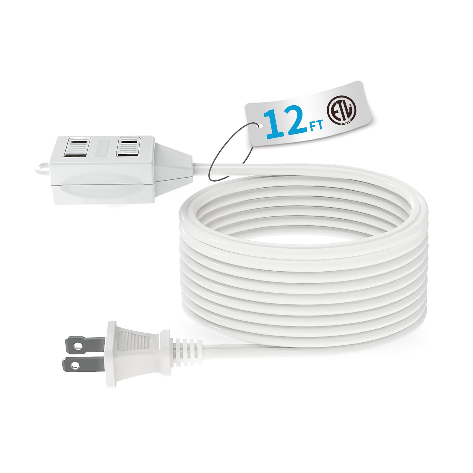 TiFFCOFiO Indoor Extension Cord, 2 Prong 12 Feet Extension Cord, 3 Polarized Out