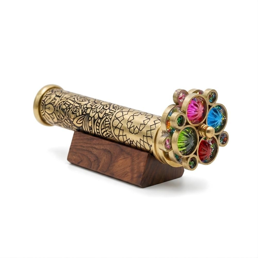 Handcrafted Etched Floral Pattern Lacquered Brass Kaleidoscope Includes Two Sepa