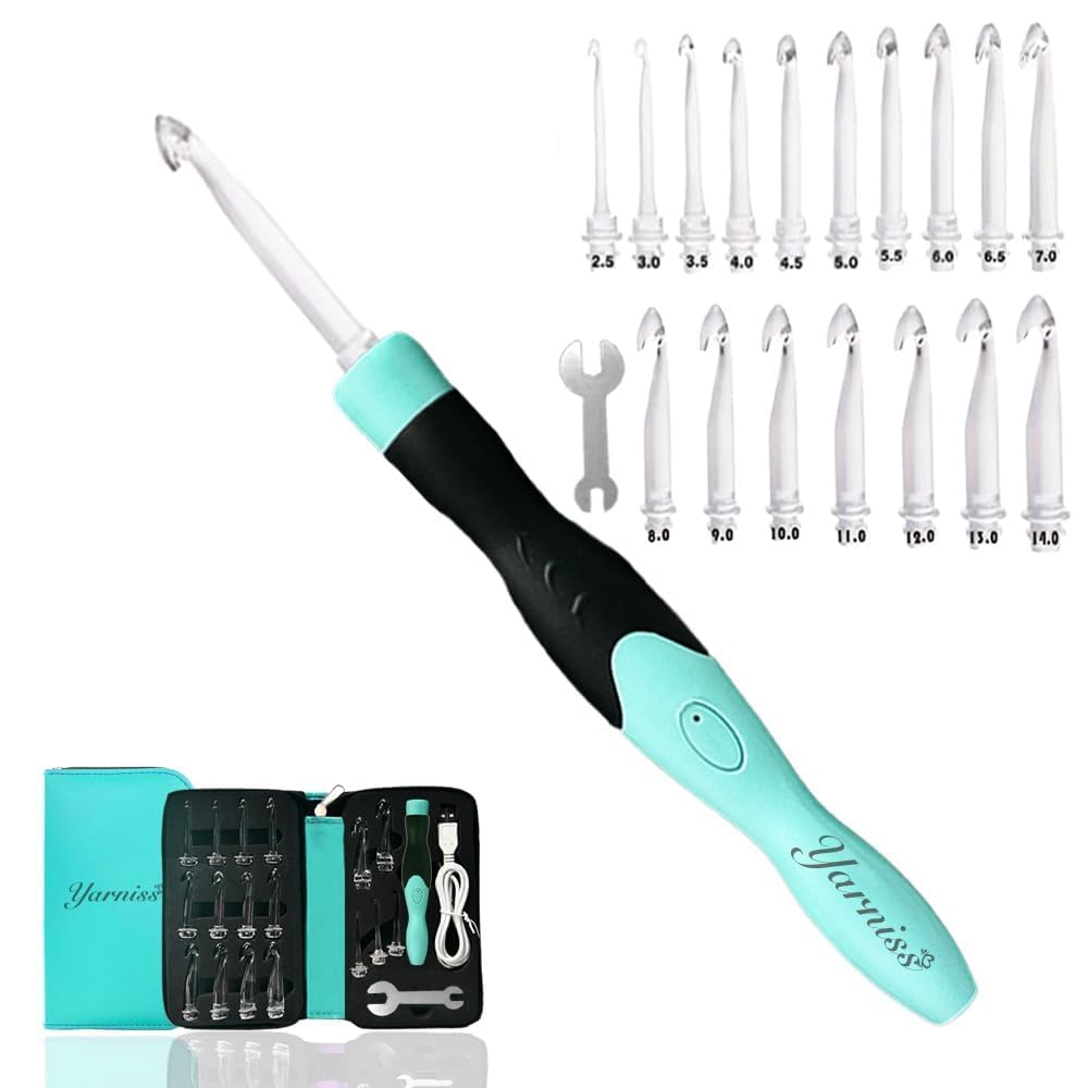 Yarniss 17 Sizes Lighted Crochet Hooks Set with Case 2.5mm~14.0mm,Lake Blue