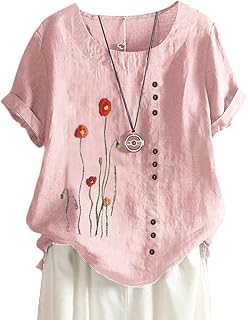 ORANDESIGNE Linen Shirt Short Sleeve Women Casual Vintage Tops Blouse T-Shirts Short Sleeve Crew Neck Tunic Tops Shirt Loose Plus Size T Shirt