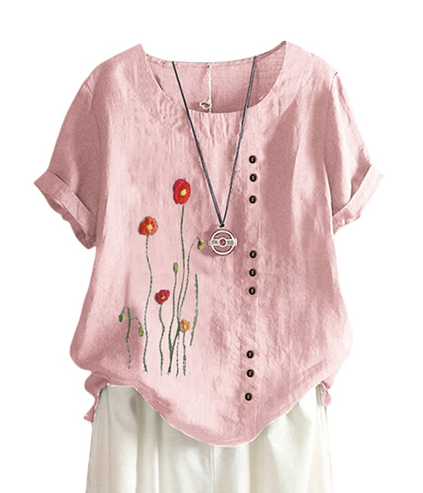 ORANDESIGNE Linen Shirt Short Sleeve Women Casual Vintage Tops Blouse T-Shirts S