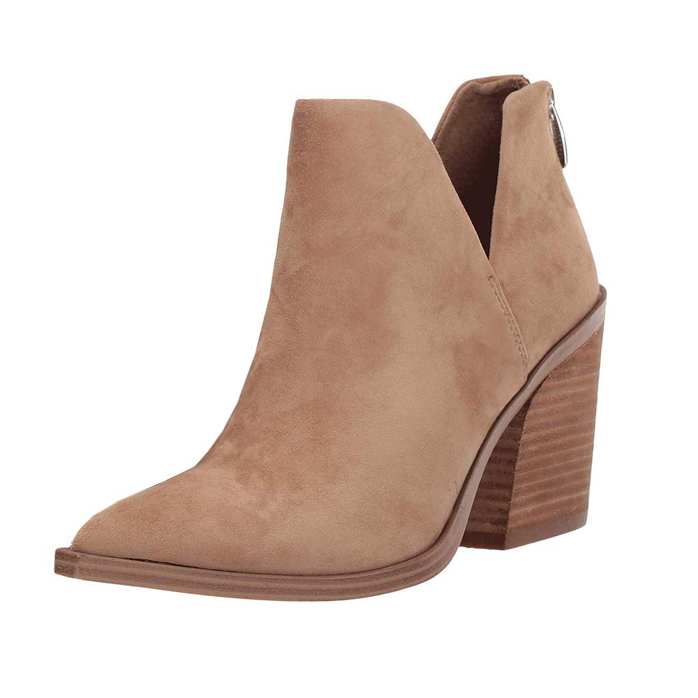 Kathemoi Womens Slip on Ankle Boots V Cutout Pointed Toe Chunky Stacked Mid Heel