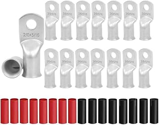 16Pcs 2/0 AWG 5/16" Stud Heavy Duty Tinned Copper Wire Lugs with 16Pcs 3:1 Black & Red Heat Shrink Tubing 2/0 Gauge Copper Battery Cable Ends Eyelets Tubular Ring Terminal