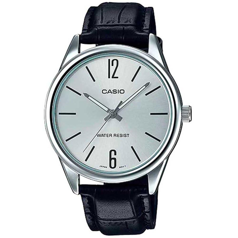 Casio #MTP-V005L-7B Men's Standard Analog Black Leather Band Silver Dial Watch, 