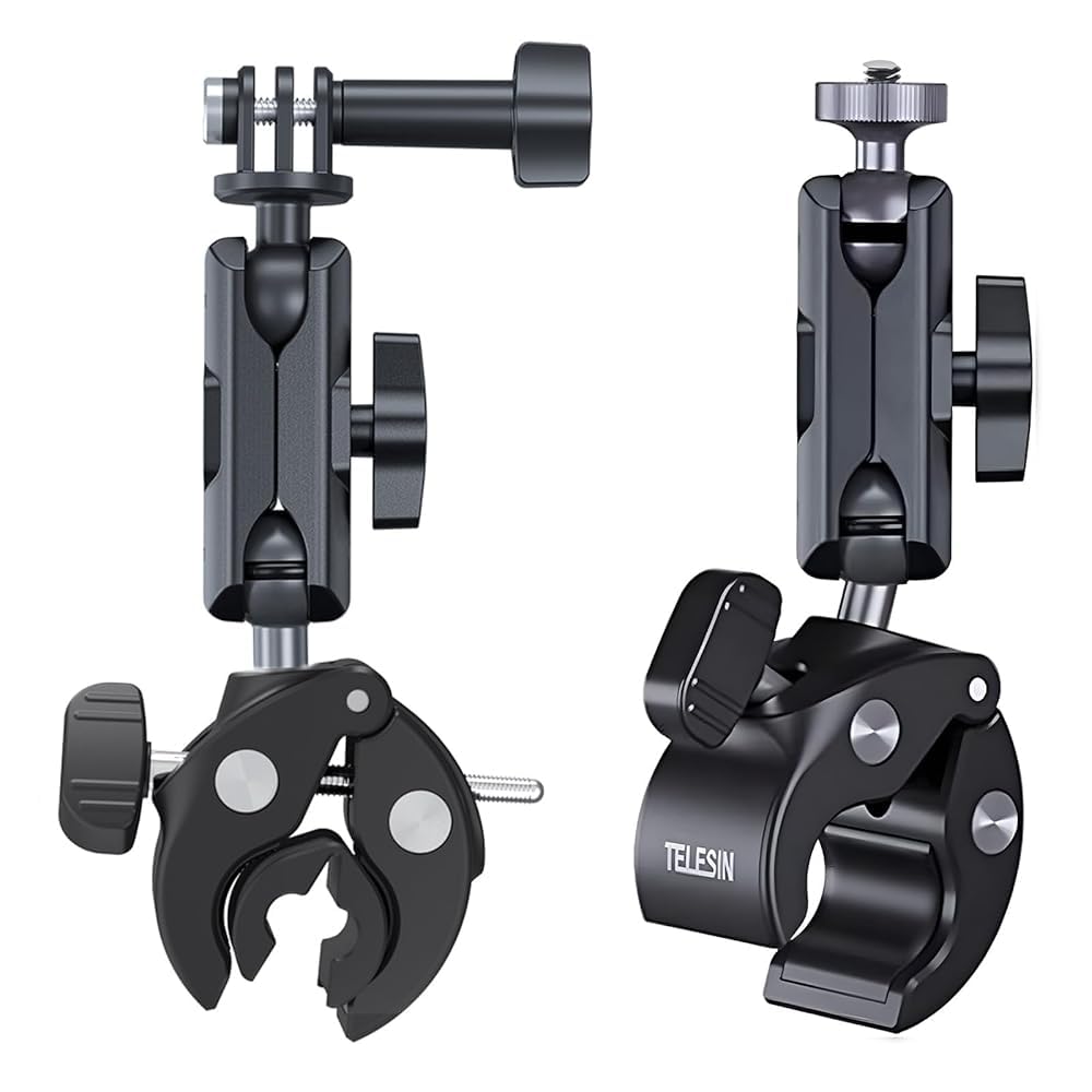 TELESIN Camera Clamp Mount Handlebar, Dual 360 Ball Head Gripper Go pro Bike Mou