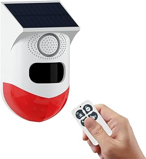 Solar Sound & Strobe Light Alarm with Motion Detector and Remote Controller 120db Sound Security Siren Light IP67 Waterproof 24 Hours+4 Mode for Home, Farm,Barn,Villa,Yard,Garden
