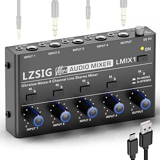 LZSIG Mini Audio Mixer, Ultra Low-Noise, 4-Channel, 4 IN 1 OUT | Stereo Line Mixer for Sub-Mixing, 1/4" & 1/8" TS & TRS Output and Input for Electronic Drum, Guitars, Bass, Keyboards