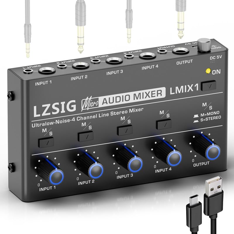 LZSIG Mini Audio Mixer, Ultra Low-Noise, 4-Channel, 4 IN 1 OUT | Stereo Line Mix