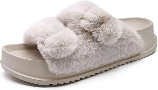 KuaiLu Women's Orthopaedic Plush Warm Slides Sandals with Soft Footbed, Cuddly Arch Support, Fluffy Slippers, Open Toe, Summer, Winter, Size 36-43