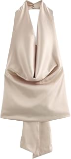 CORIRESHA Women's Elegant Satin Tie Back Cowl Neck Sleeveless Silk Backless Tank Top