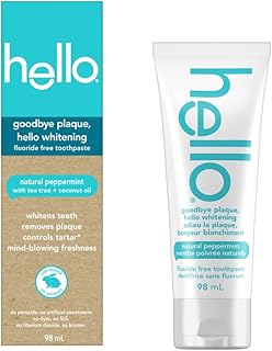 hello Goodbye Plaque Fluoride Free Toothpaste, Whitening Toothpaste with Coconut Oil and Tea Tree Oil, SLS Free, Natural Peppermint, 98 mL
