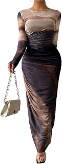 LIGHT DOT Women's Printed Bodycon Maxi Dress Long Sleeve Tie Dye Mesh Ruched Cocktail Dress
