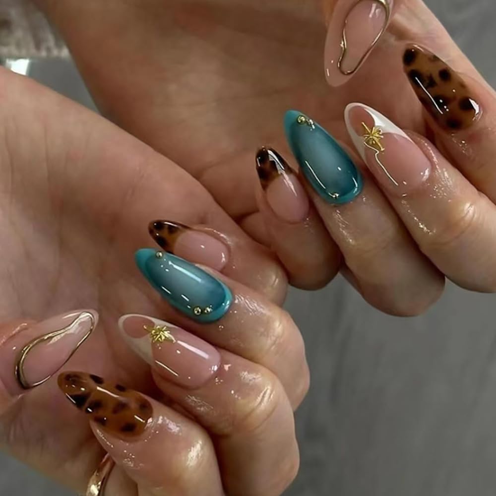 24pcs Retro Leopard French False Nails Medium Press Almond Elegant Acrylic Fake 