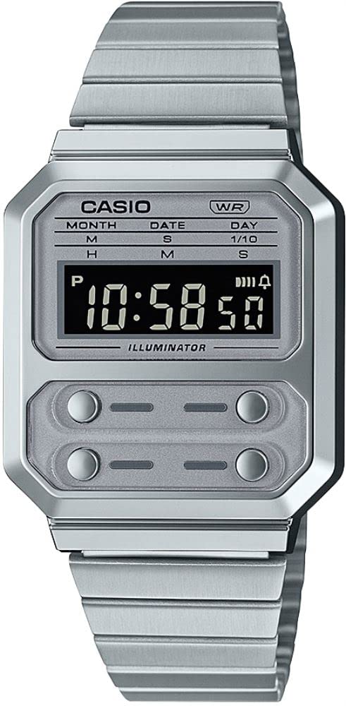 Casio A100WE-7B Men's Vintage Collection Silver Tone Alarm Chronograph Backlight