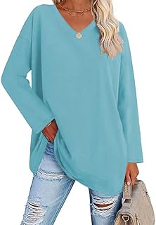 Women's Spring Summer Loose Long Sleeve V Neck Solid Color T-Shirt