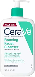 CeraVe Foaming Facial Cleanser, Gentle Cleanser for Oily Skin, 16fl oz | Skin Care with Hyaluronic Acid & Niacinamide, Makeup Remover, Daily Face Wash For Men & Women, Fragrance Free, Oil Control