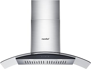 COMFEE' 36 Inch Wall Mount Range Hood, 450 CFM Ductless/Ducted Convertible | 3-Speed Gesture Sensing Touch Control Stainless Steel Vent Hood Curved Glass Permanent Baffle Filters 2 LED Lights