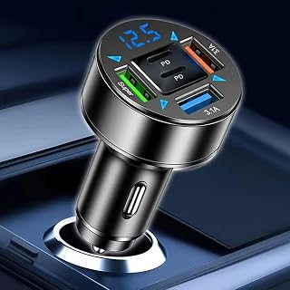 5-in-1 Ultra Fast Charging in-Car Device with Digital Display, 2PD+3USB Ports Plug & Play for Smartphones/Tablets (High-Power, Battery-Free)