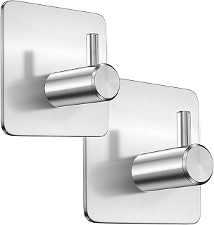 2 Pack Silver Self Adhesive Wall Hooks Brushed Stainless Steel