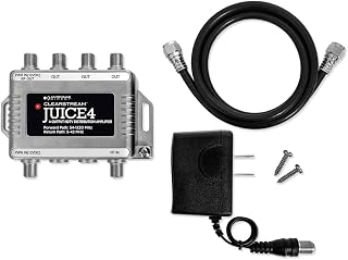 Antennas Direct ClearStream JUICE4 Distribution Amplifier, Silver | Output to 4 Televisions, CATV Systems, NEXTGEN TV 4K 8K Ready, 12V DC Power Adapter, RG6 40" Coaxial Cable