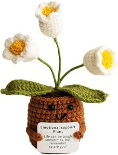 1PC Handmade Emotional Support Crochet Plant (Mum-White Lily) | Funny Positive Knitted Doll with Encouragement Card - Cute Desk Decor Going Away Gifts for Coworkers Women Mom & Friends